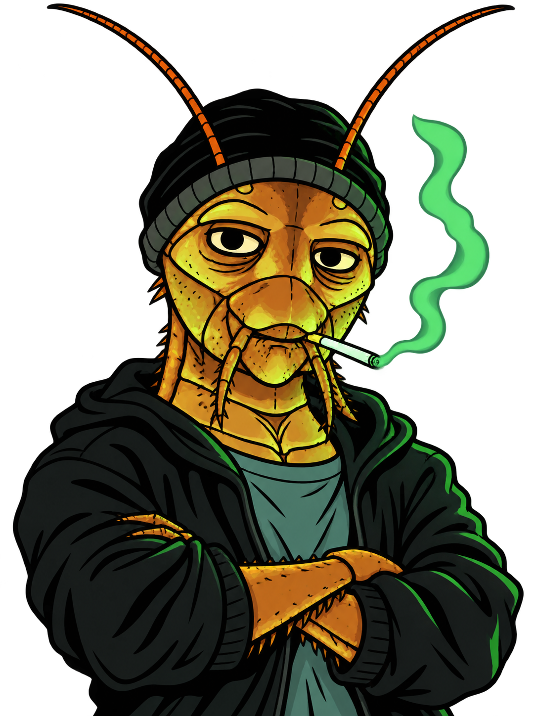 Bullish Cockroach with crossed arms in a black hoodie